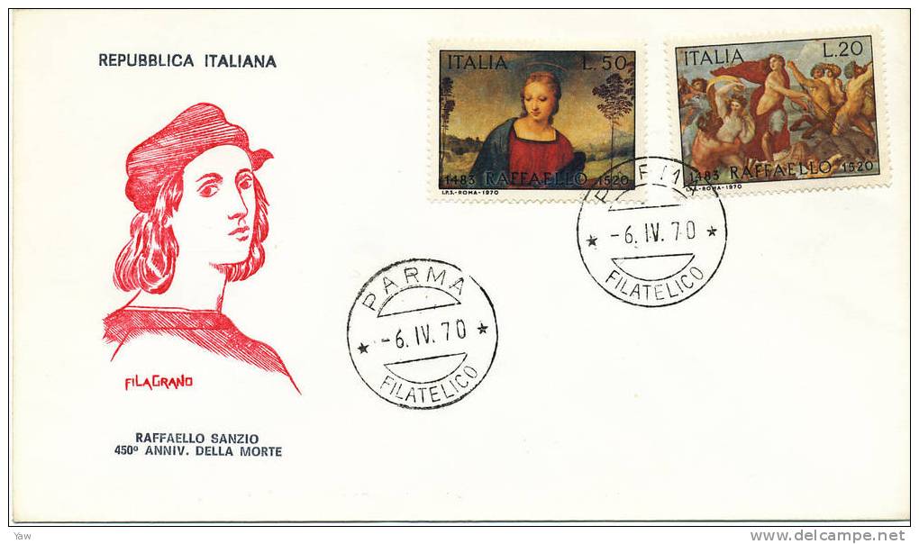 ITALIA 1970  FDC RAFFAELLO SANZIO PITTORE ARCHITETTO 1483-1520. ANNULLO PARMA. - Religion