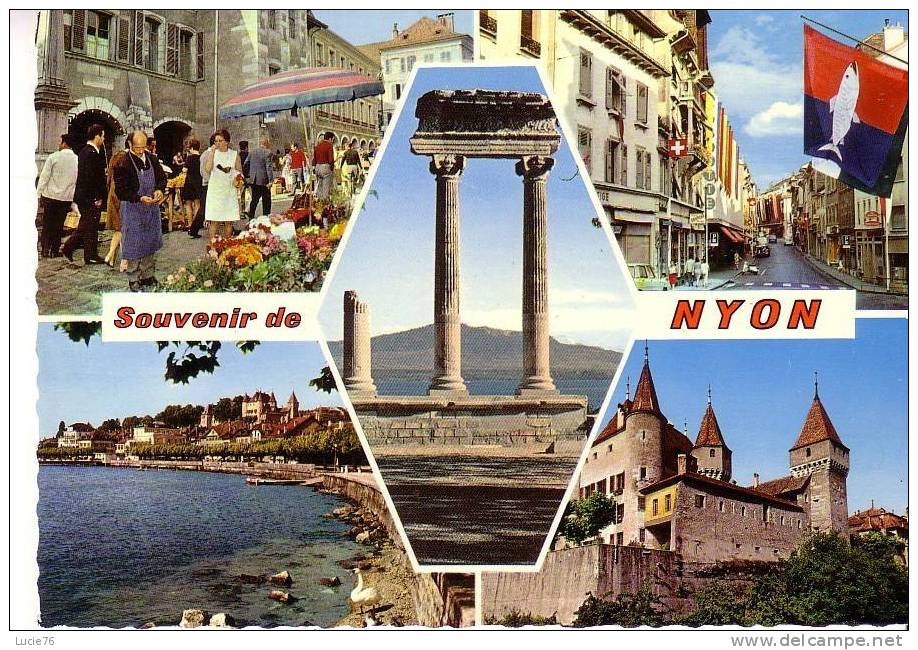 NYON - 5 Vues :  Place Du Marché - Rue De La Gare -  Le Quai Et Le Château -  Les Colonnes Romaines - Château - Nyon