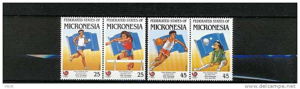 Federated States Of Micronesia : J.O. Séoul 1988, 4 Timbres Neufs, Gomme D´Origine. Basket, Volley, Athlétisme, Haies. - Sommer 1988: Seoul