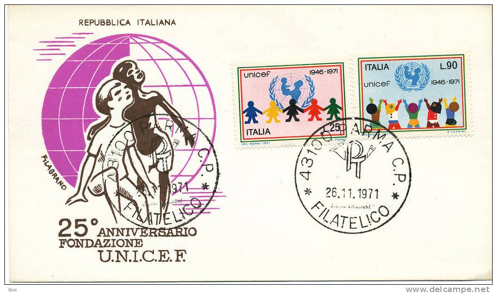 ITALIA 1971  FDC 25° ANNIVERSARIO DELL´U.N.I.C.E.F. ANNULLO PARMA. - UNICEF