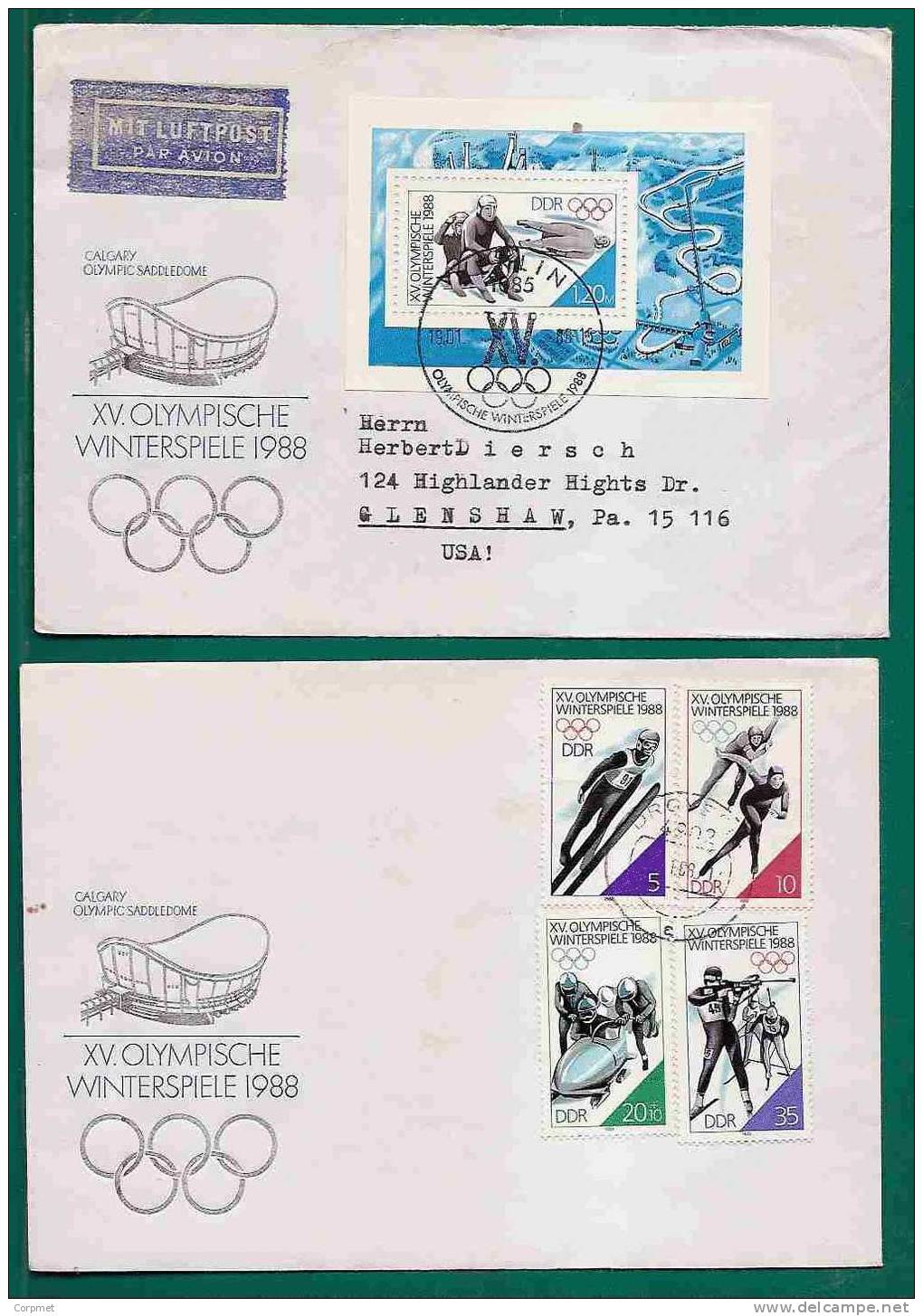 OLYMPIC GAMES - 1988 CALGARY - GERMANY DDR - VF 2 FIRST DAY COVERS - Yvert # 2754/7 And SOUVENIR SHEET # Bl 89 - Inverno1988: Calgary
