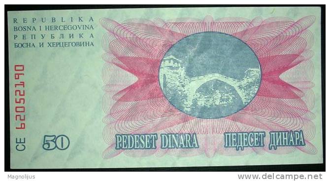 Paper Money,Banknote,Republic Of Bosnia And Herzegovina,50 Dinars,Civil War Issue,Dim.144x72mm,Year Of 1992. - Bosnien-Herzegowina