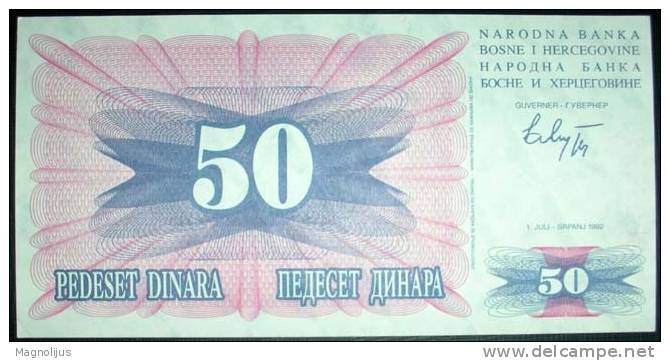 Paper Money,Banknote,Republic Of Bosnia And Herzegovina,50 Dinars,Civil War Issue,Dim.144x72mm,Year Of 1992. - Bosnia And Herzegovina