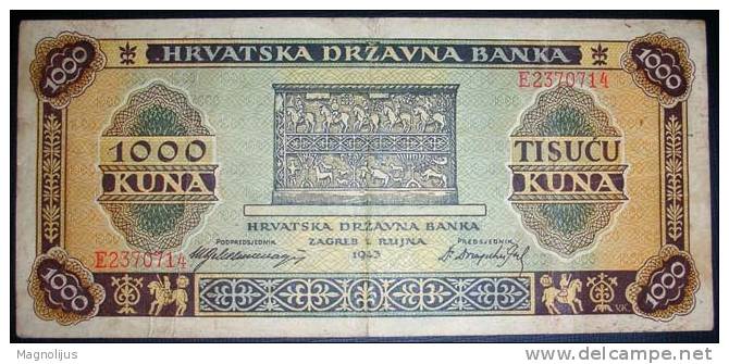 Paper Money,Banknote,Croatia,NDH,1000 Kuna,Dim.174x80mm,WWII,Year Of 1943. - Croatia