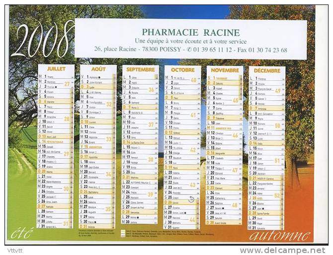 Calendrier 2008 Emis Par La Pharmacie Racine (Poissy, 78, Yvelines), Recto-Verso (27 Cm Sur 21 Cm) TBE. - Grand Format : 2001-...