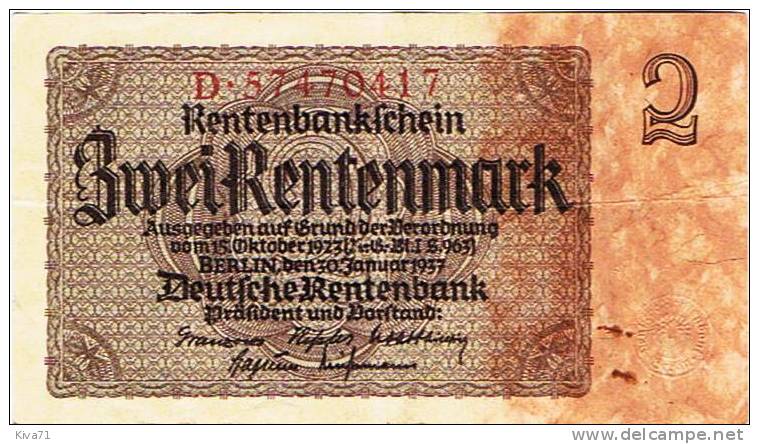 2 RentenMark " Allemagne"  30 Janvier 1937   Ble31 - 2 Rentenmark