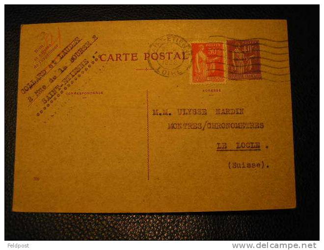 Entier Postal Type Paix 1936 Avec Complément D´affarnchissement Pour La SUISSE - 1932-39 Vrede