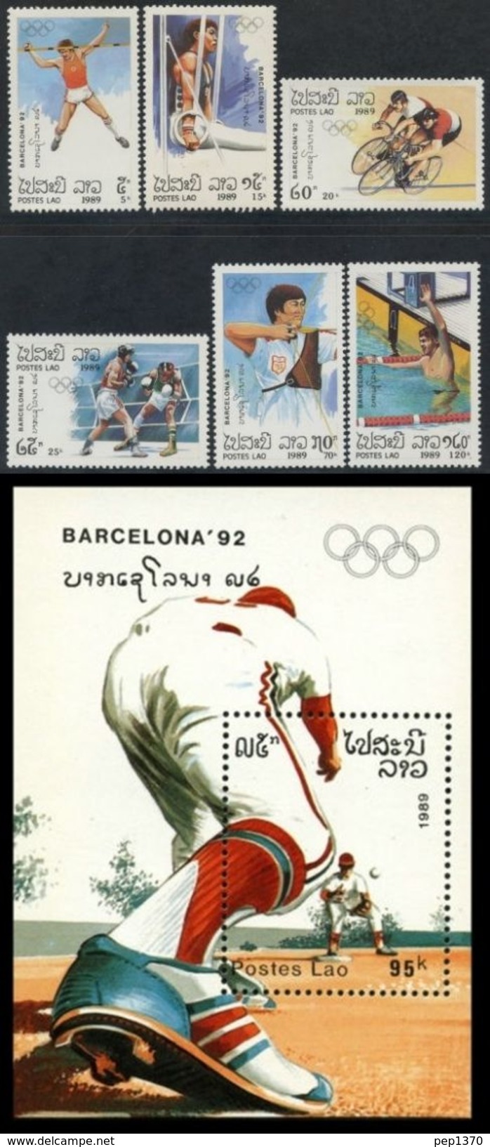 LAOS 1989 OLYMPICS BARCELONA 92, YVERT Nº 913/918 + BF 105 - MICHEL 1155-1160 + BLOCK 128 - SCOTT 926-931 + SS 932 - Ete 1992: Barcelone