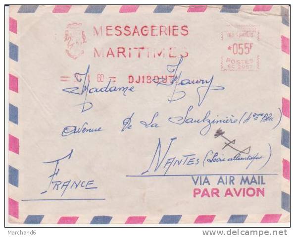 DJIBOUTI . MESSAGERIES MARITIMES  PAR AVION AIR MAIL  ARRIVEE A NANTES - Maritime Post