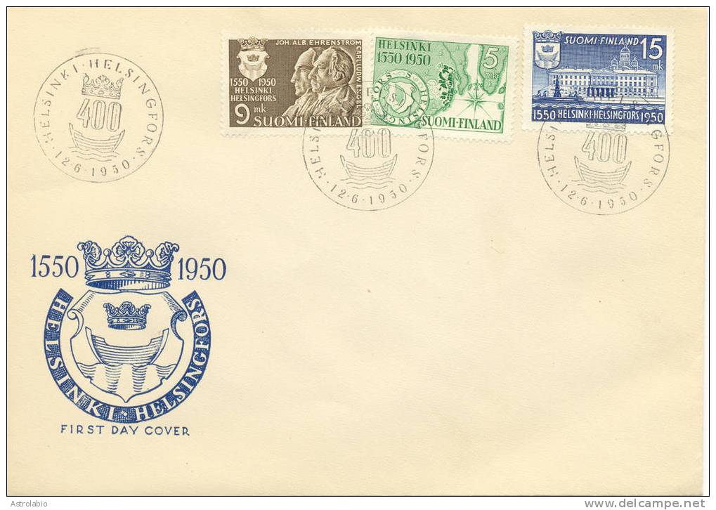 4º Centº Ville D'Helsinki Serie Complete FDC 1950 Finlande Yvert 371/3 - Storia Postale