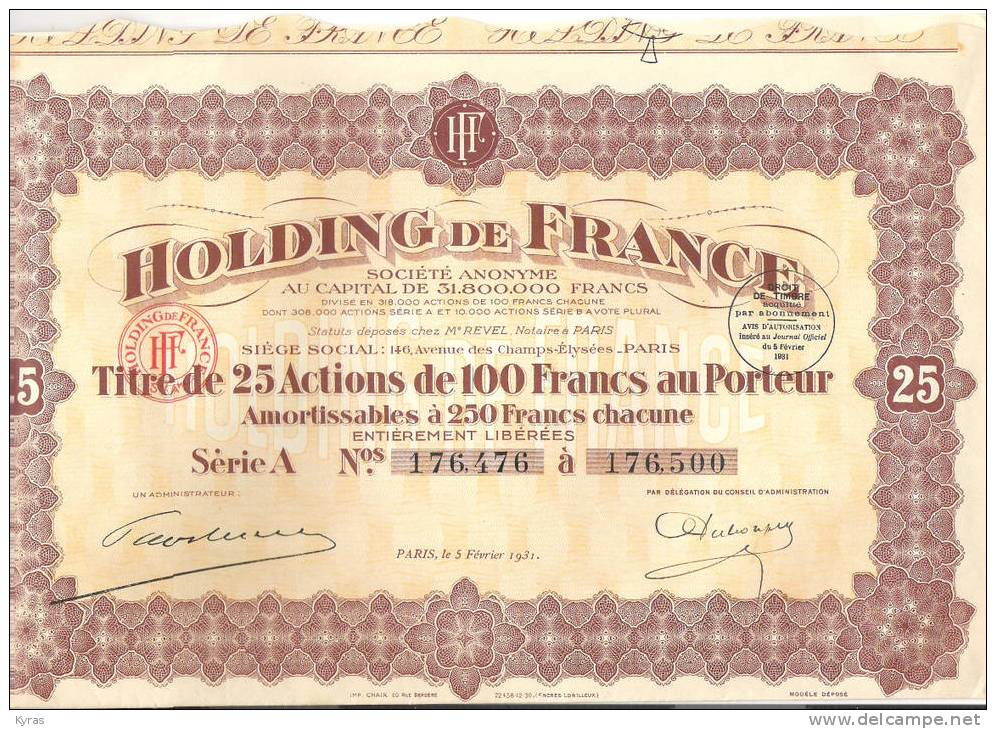 HOLDING DE FRANCE 100F PARIS 1931 - G - I