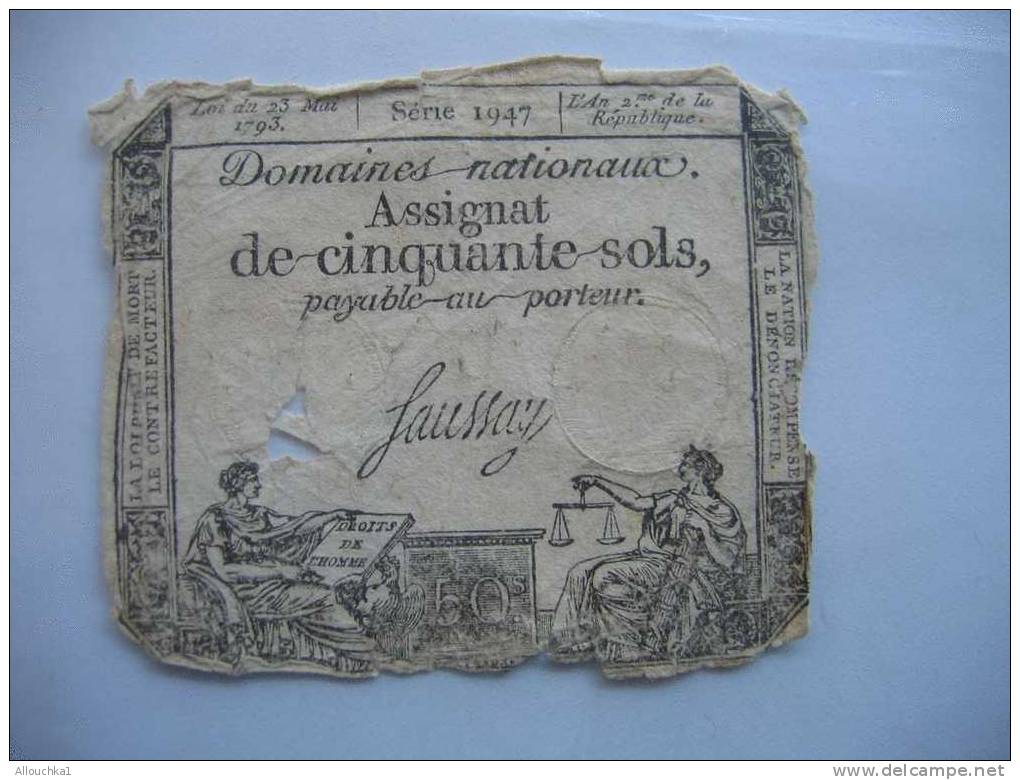 ANCIEN BILLET DE FRANCE ASSIGNAT DE 50 SOLS CREE  AN 2EME DE LA LIBERTE  LOI DU 23 MAI 1793 DOM NATIONAUX PAYABLE AU POR - Assignats