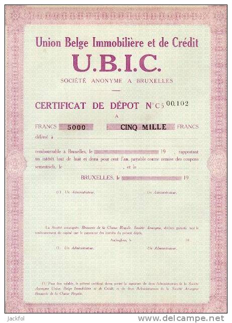 U.B.I.C : UNION BELGE IMMOBILIERE Et De CREDIT - Banque & Assurance