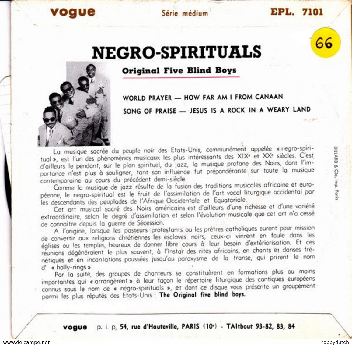 * 7" EP * NEGRO SPIRITUALS - ORIGINAL FIVE BLIND BOYS (France 1955) - Gospel En Religie