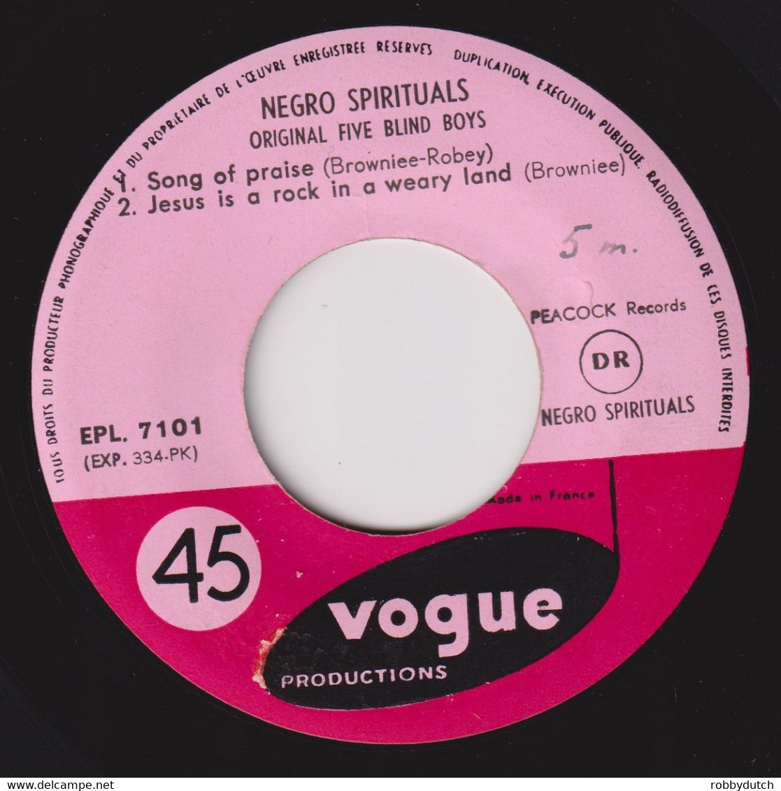 * 7" EP * NEGRO SPIRITUALS - ORIGINAL FIVE BLIND BOYS (France 1955) - Chants Gospels Et Religieux