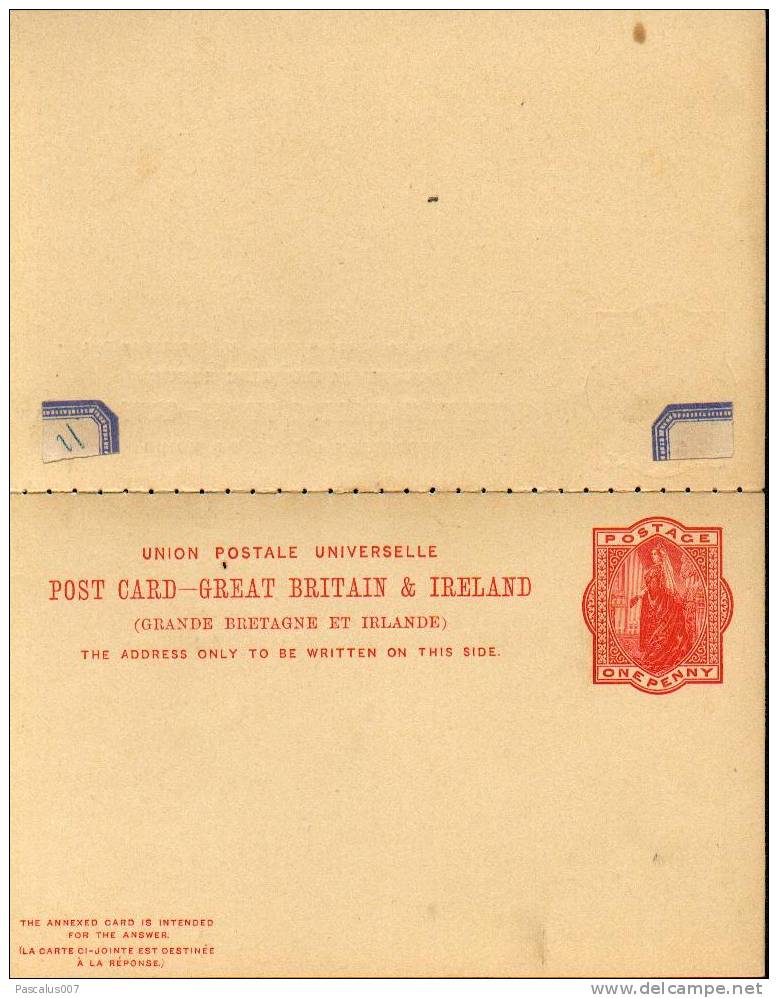 A00009 - Entier Postal - Carte Postale Avec Réponse De Grande Bretagne Et Irelande Neuve - Union Postale Universelle - C - Entiers Postaux