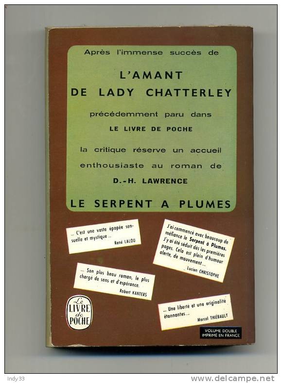 - "LE SERPENT A PLUMES"  PAR D.H. LAWRENCE . LE LIVRE DE POCHE N°273/274  1965 - Adventure