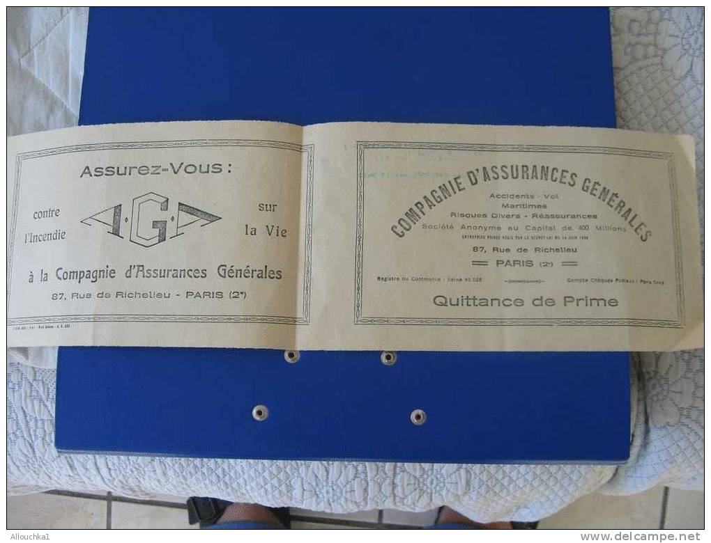 COMPAGNIE D´ASSURANCE GENERALE PARIS QUITTANCE PRIME CACHET BARJAVEL 32 LA CANEBIERE MARSEILLE ACCIDENTS INCENDIE 1953 - Bank En Verzekering