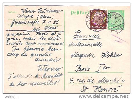 CARTE POSTALE - ECRITE DE COLOGNE A DESTINATION DE PARIS EN 1937 - (RECTO-VERSO) - Otros & Sin Clasificación