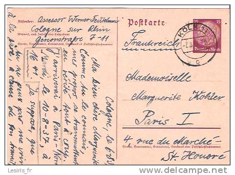 CARTE POSTALE - ECRITE DE COLOGNE A DESTINATION DE PARIS EN 1937 - (RECTO-VERSO) - Otros & Sin Clasificación