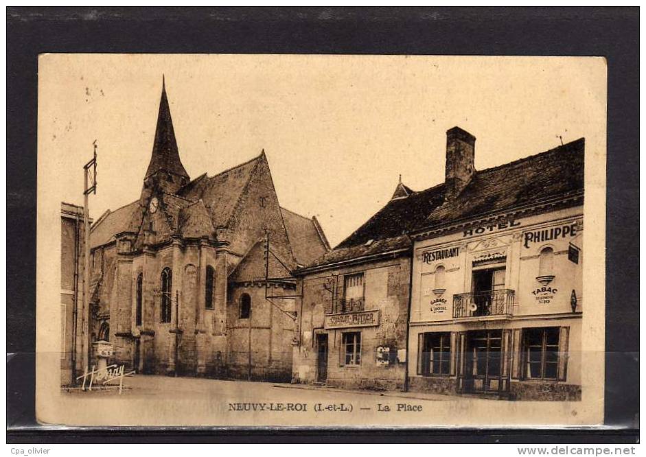 37 NEUVY LE ROI Place, Eglise, Hotel Restaurant Philippe, Ed Henry, 1953 - Neuvy-le-Roi