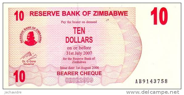 ZIMBABWE  10 Dollars Bearer Cheque  Emission De 2006     ***** BILLET  NEUF ***** - Simbabwe