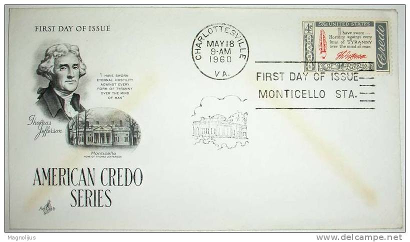United States,Letter,Thomas Jefferson,History,Person,Cover,American Credo,Stamp,FDC - 1951-1960