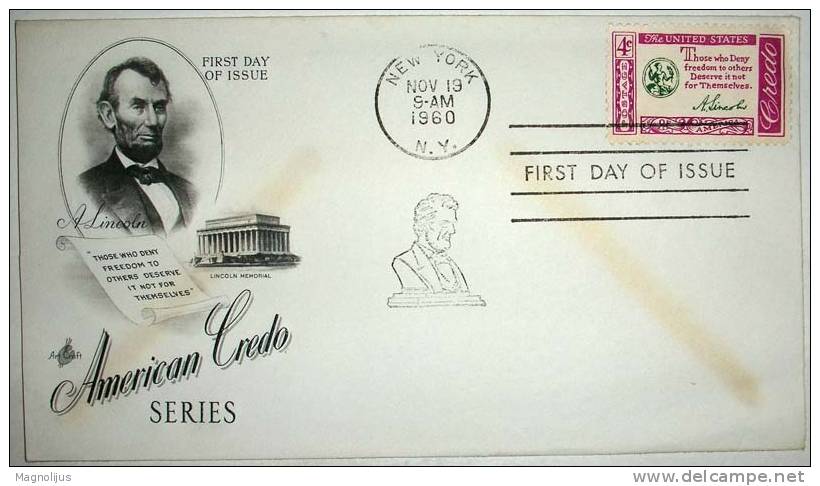 United States,Letter,A.Lincoln,History,Person,Cover,American Credo,Stamp,FDC - 1951-1960