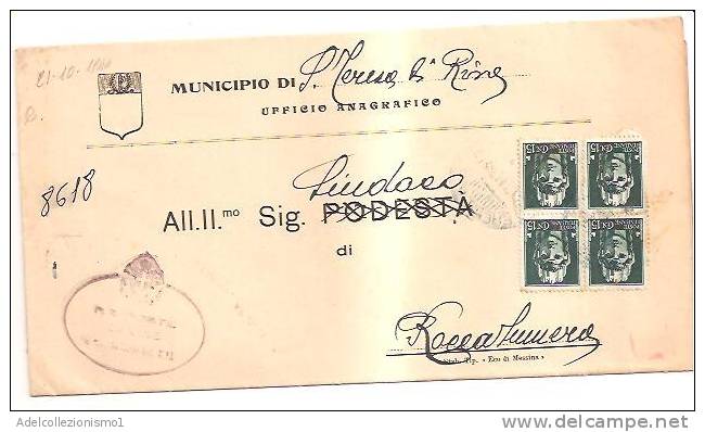 3597)lettera Con 4x15c Imperiale Da S.teresa Di Riva  A Roccalumera Il 21-10-1944 - Marcophilie