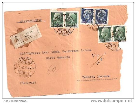 3629)raccomandata Con 4x25c + 2x1.25£ Imperiale Da Taormina A Termini Imerese Il 4-10-1944 - Marcofilía