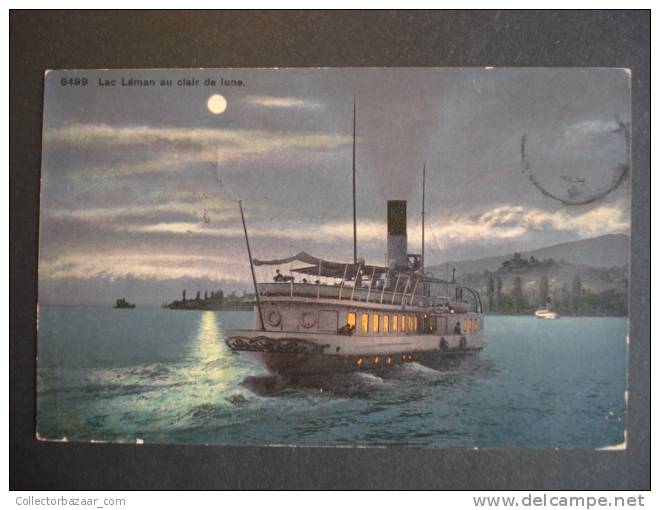 Vintage CA 1900 Postcard AK France  Lac Leman Au Clair De Lune Steam Boat - Comercio