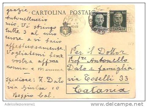3637)intero Postale Con 60c + 60c Imperiale Da Reggio Calabria A Catania Il 5-5-1945 - Marcophilie
