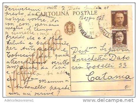 3649)intero Postale Vinceremo Con 30c Imperiale + 30c Imperiale S.F. Da Reggio Calabria A Catania Il 28-1-1945 - Marcophilie