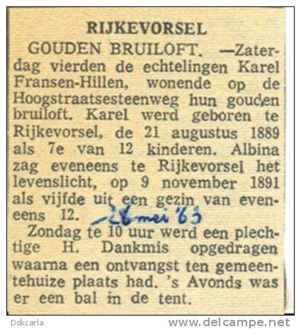 Krantenbericht 1963 - Rijkevorsel - Gouden Bruiloft Fransen-Hillen - Andere & Zonder Classificatie