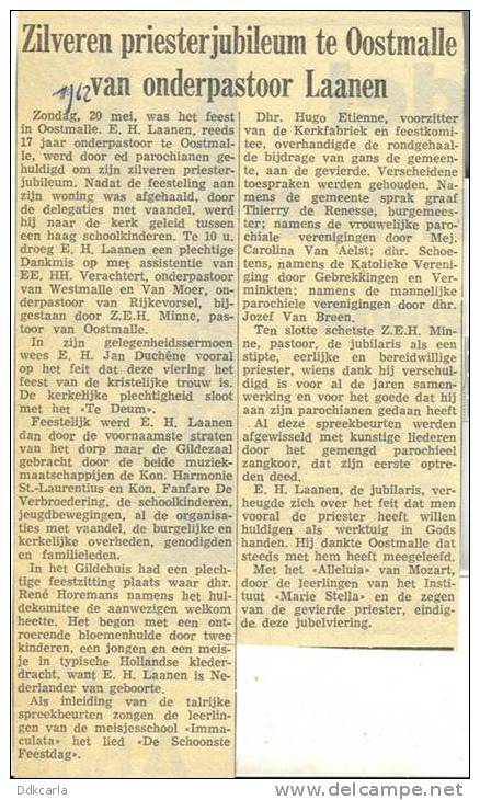 Krantenbericht 1962 - Oostmalle - Zilveren Priesterjubileum Onderpastoor Laanen - Andere & Zonder Classificatie