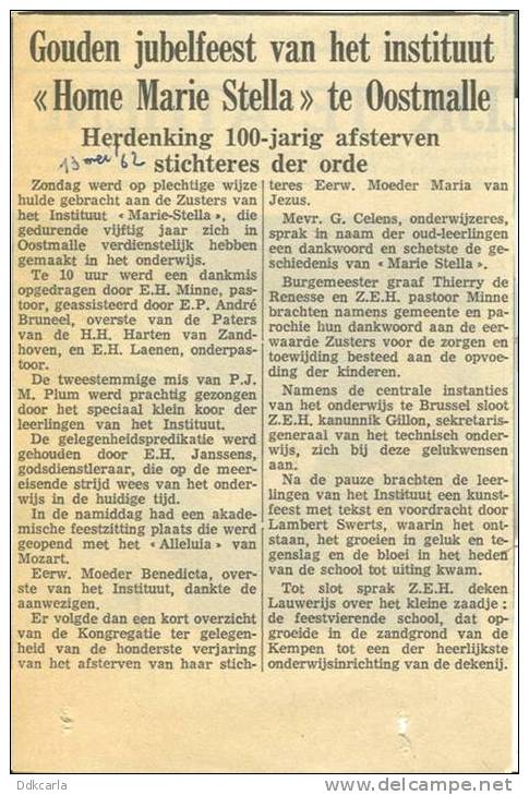 Krantenbericht 1962 - Oostmalle - Gouden Jubelfeest Van Het Instituut "Home Marie Stella" - Autres & Non Classés