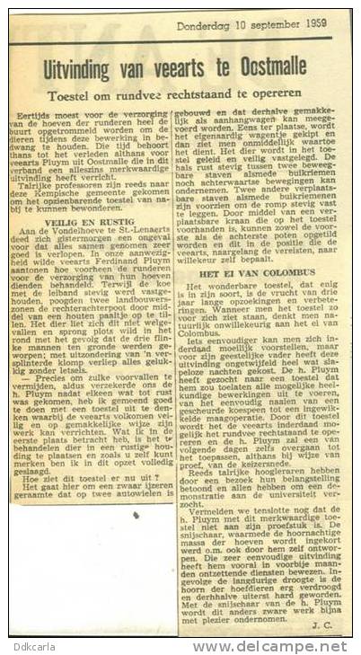 Krantenbericht 1959 - Oostmalle - Uitvinding Van Veearts Te Oostmalle - Toestel Om Rundvee Rechtstaand Te Opereren - Andere & Zonder Classificatie