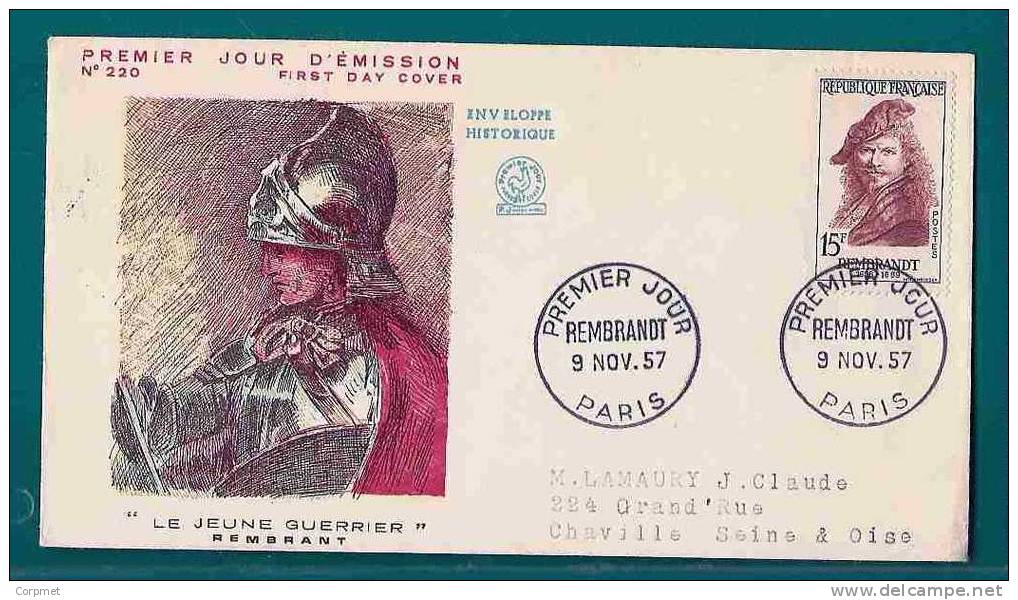 REMBRANDT - LE JEUNE GUERRIER -  ENVELOPE HISTORIQUE - 1957 FRANCE FIRST DAY COVER - Rembrandt