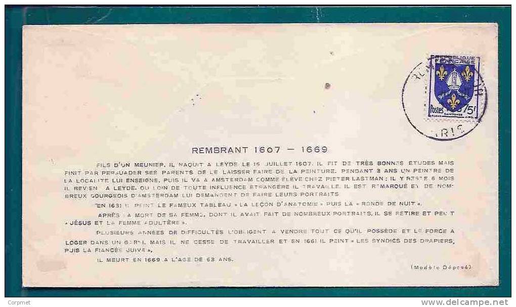 REMBRANDT - LE JEUNE GUERRIER -  ENVELOPE HISTORIQUE - 1957 FRANCE FIRST DAY COVER - Rembrandt