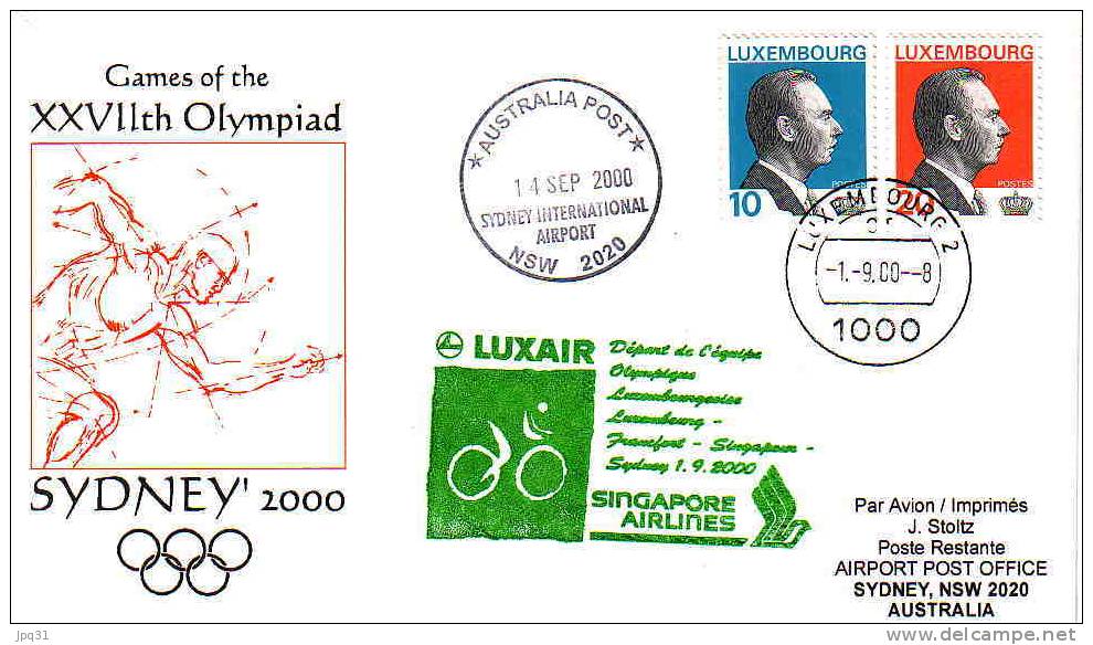 Enveloppe Vol Spécial Luxair / Singapore Airlines - Luxembourg Francfort Singapour Sydney - 01/09/00 - Jeux Olympiques - Verano 2000: Sydney