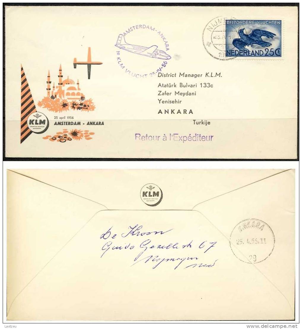 Pays Bas. Aérien 14 Sur Lettre. ~  Premier Vol Amsterdam-Ankara(1956) - Poste Aérienne
