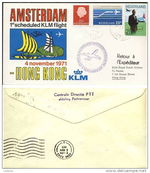 Pays Bas. Env Illustrée 4 Novembre 1971 Vol Amsterdam-Hong Kong - Autres & Non Classés
