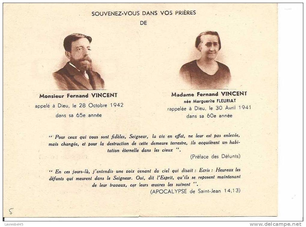 FERNAND VINCENT ET MARGUERITE  FLEURIAT . ANNEE 1941 ET 1942 Requiem Asternam Dona - Autres & Non Classés