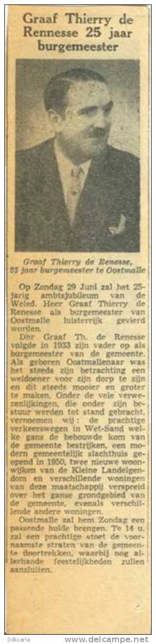 Oud Krantenbericht - Oostmalle - 1958 - Graaf Thierry De Rennesse 25 Jaar Burgemeester - Autres & Non Classés