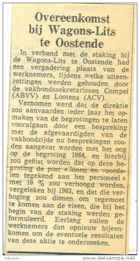 Oud Krantenbericht - 1959 - Oostende - Overeenkomst Bij Wagon-Lits Te Oostende - Other & Unclassified