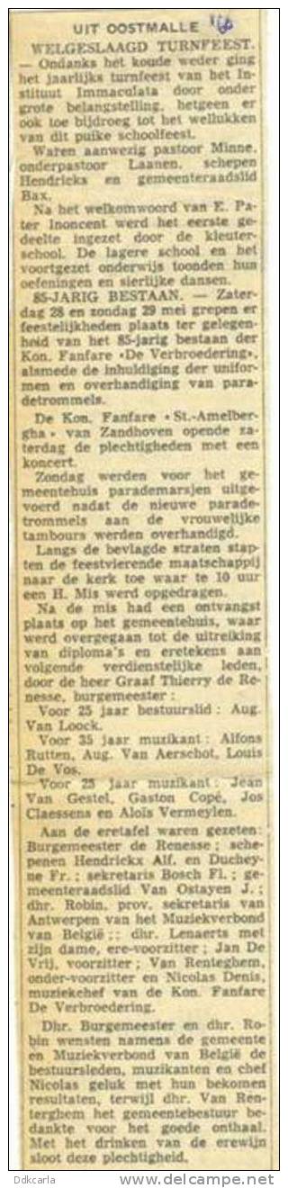 Oud Krantenbericht - 1960 - Oostmalle - Welgeslaagd Turnfeest - Kon. Fanfare "DE VERBROEDERING" Vierde 85 Jarig Bestaan - Other & Unclassified