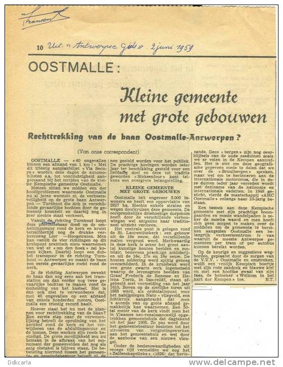 Oud Krantenbericht - 1959 - Oostmalle: Kleine Gemeente Met Grote Gebouwen - Rechttrekking Baan Oostmalle-Antwerpen - Sonstige & Ohne Zuordnung