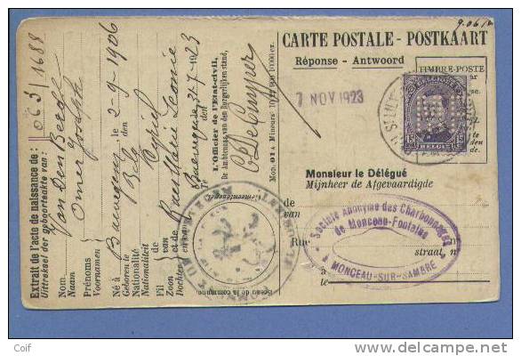 139 Op Kaart Met Firmaperforatie "M.F." Van Charbonnages De Moncau-Fontaine Te MONCEAU-SUR-SAMBRE - 1909-34