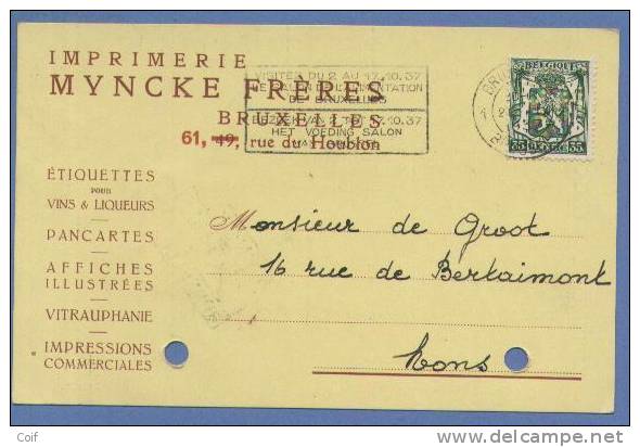 425 Op Kaart Met Firmaperforatie "M.F." Van IMPRIMERIE MYNCKE FRERES Te BRUSSEL - 1935-1949 Small Seal Of The State