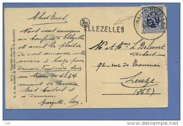 285 Op Kaart Met Treinstempel TOURNAI-BRUXELLES Met Naamstempel (Griffe) ELLEZELLES - 1929-1937 Heraldieke Leeuw